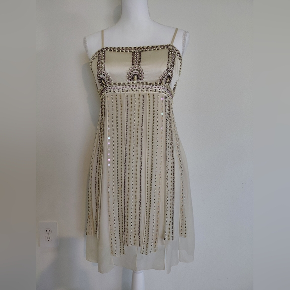 Sue Wong Dresses & Skirts - Vintage Sue Wong Couture Silk Beaded Fringe Cocktail Dress Ivory Formal Y2K Size